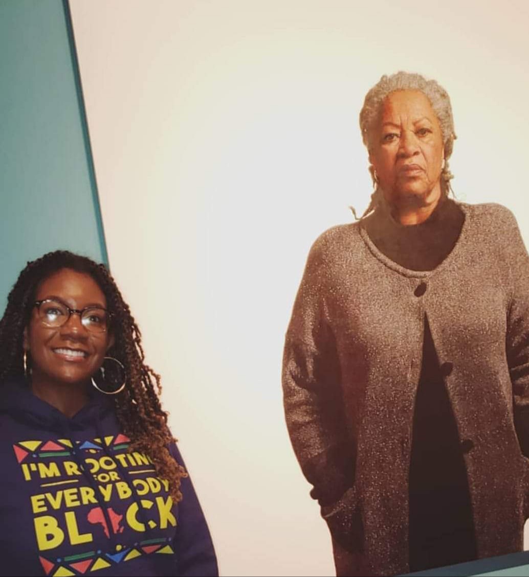 Sam with portrait of Toni Morrison, American Novelist. National Portrait Gallery Washington DC